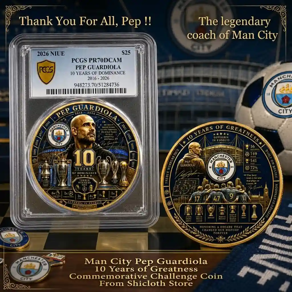 Commemorative Manchester City Pep Guardiola 10 years of greatness challenge coin in PCGS slab