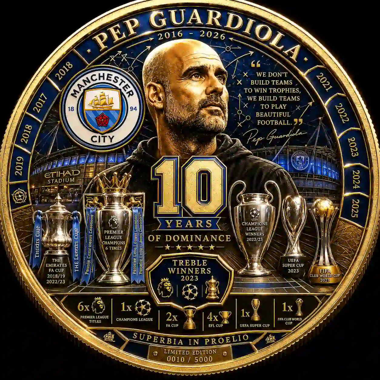 Commemorative gold coin celebrating Pep Guardiola's decade with Manchester City FC