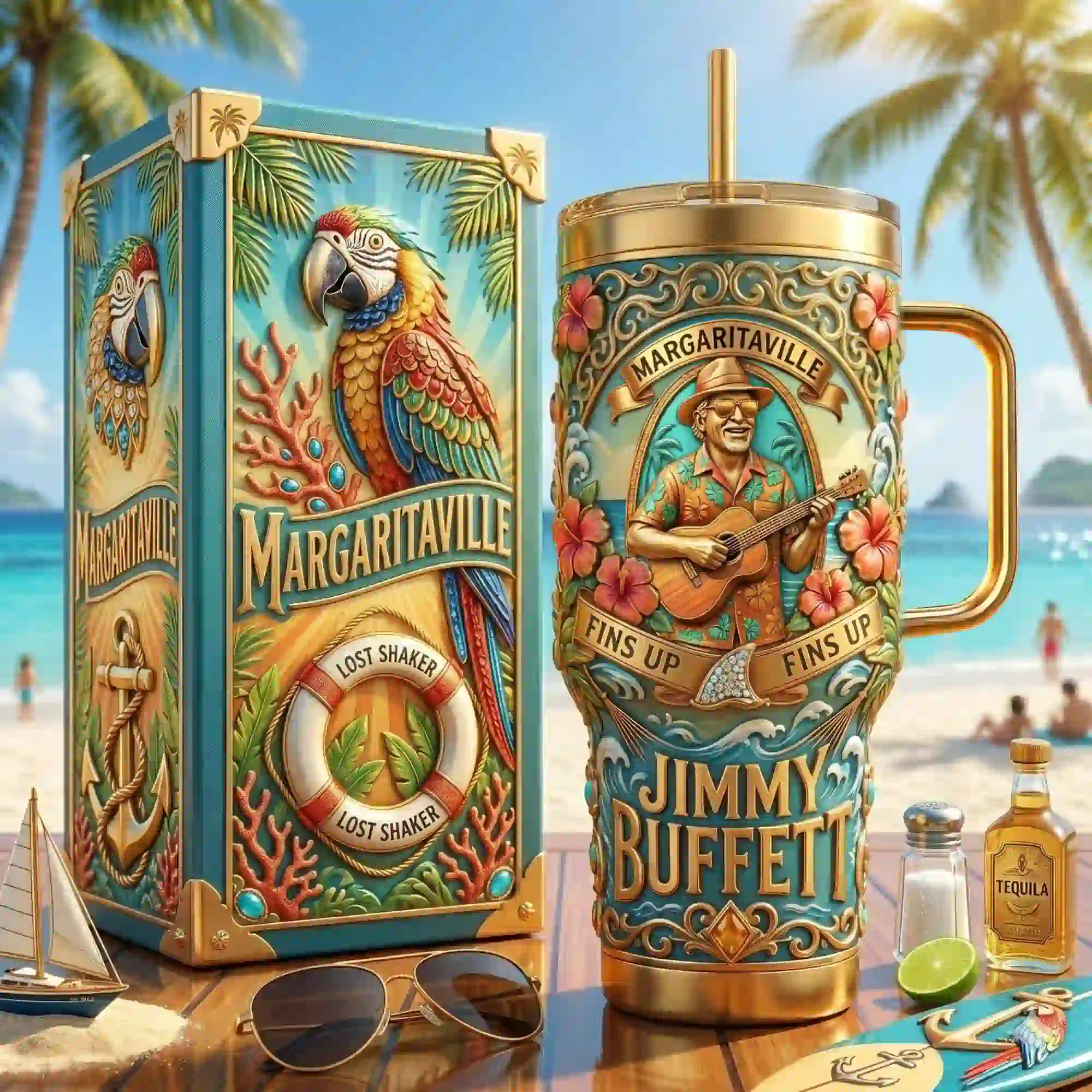 Jimmy Buffett Margaritaville themed tumbler and display box set on a tropical beach table