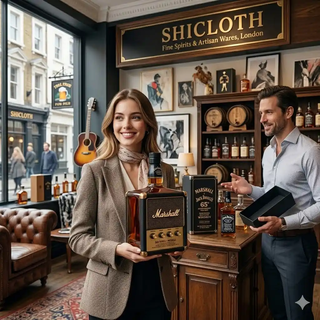 Woman holding Marshall whiskey bottle inside Shicloth luxury spirit shop!