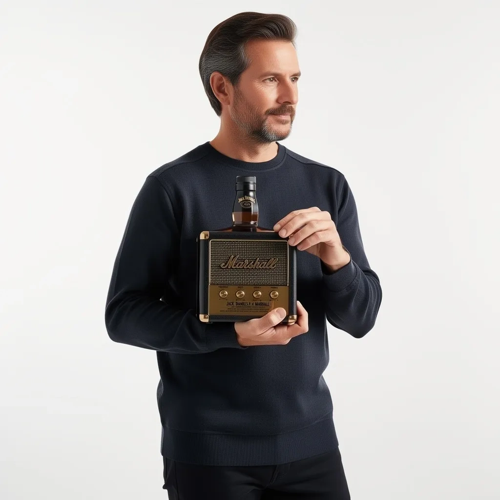 Man holding Marshall whiskey speaker bottle on white background!