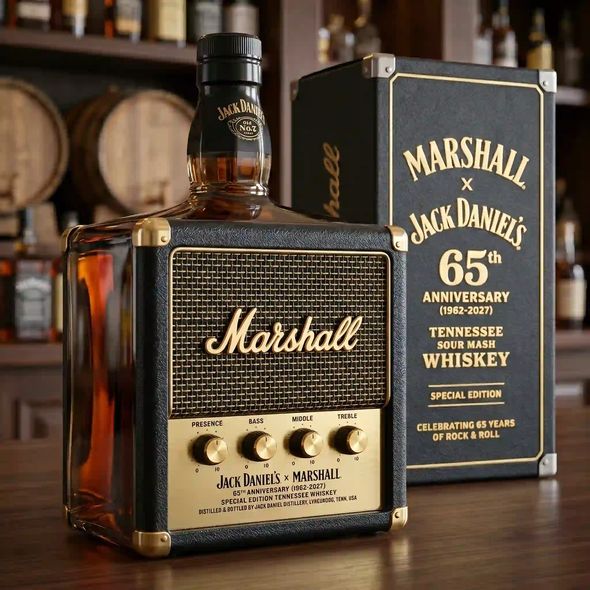 Marshall 65th Anniversary Collector's Edition Whiskey Bottle 3 Close view of Marshall anniversary whiskey speaker bottle with collector box!