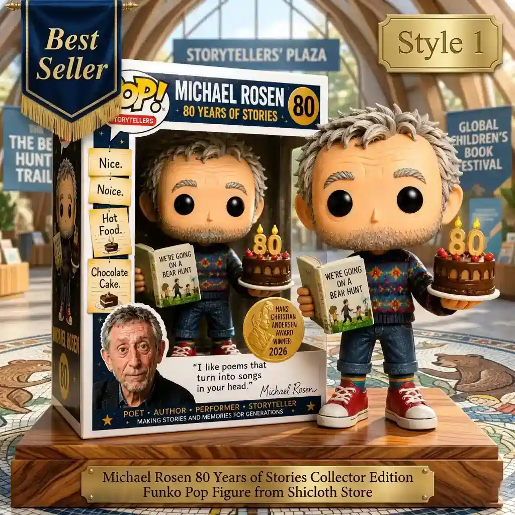 Michael Rosen vinyl figure wearing a patterned sweater holding a book and a birthday cake next to its packaging box on a wooden base!
