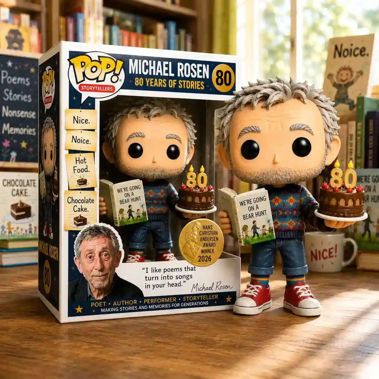 Michael Rosen 80 Years of Stories Collector Edition Funko Pop! Figure 3 Michael Rosen vinyl figure wearing a patterned sweater standing on a wooden table with a sunny library background!