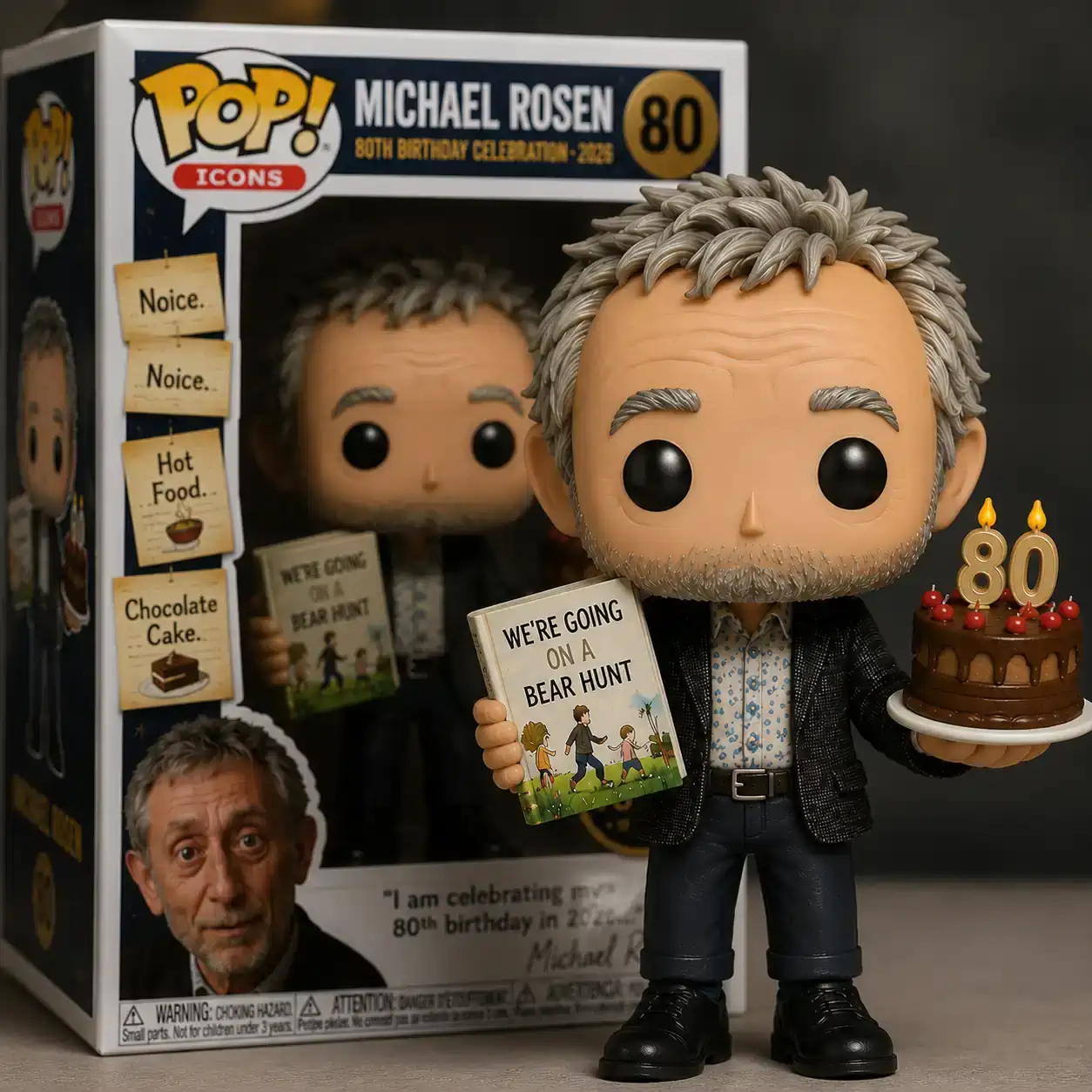 Michael Rosen 80 Years of Stories Collector Edition Funko Pop! Figure 4 Close up of Michael Rosen vinyl figure wearing a black jacket holding a book and a birthday cake with a dark background!