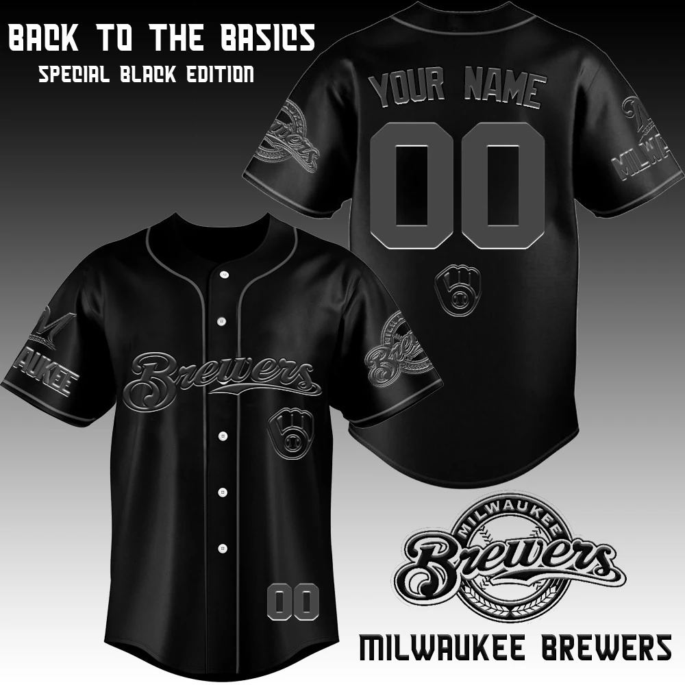Milwaukee Brewers x Blackout Special Edition Personalized 2026 Jersey 2 Customizable black Milwaukee Brewers baseball jersey front and back views.