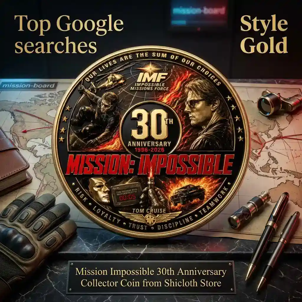 A gold and black Mission Impossible thirtieth anniversary collector coin from Shicloth Store displays Tom Cruise and action scenes on a world map background!