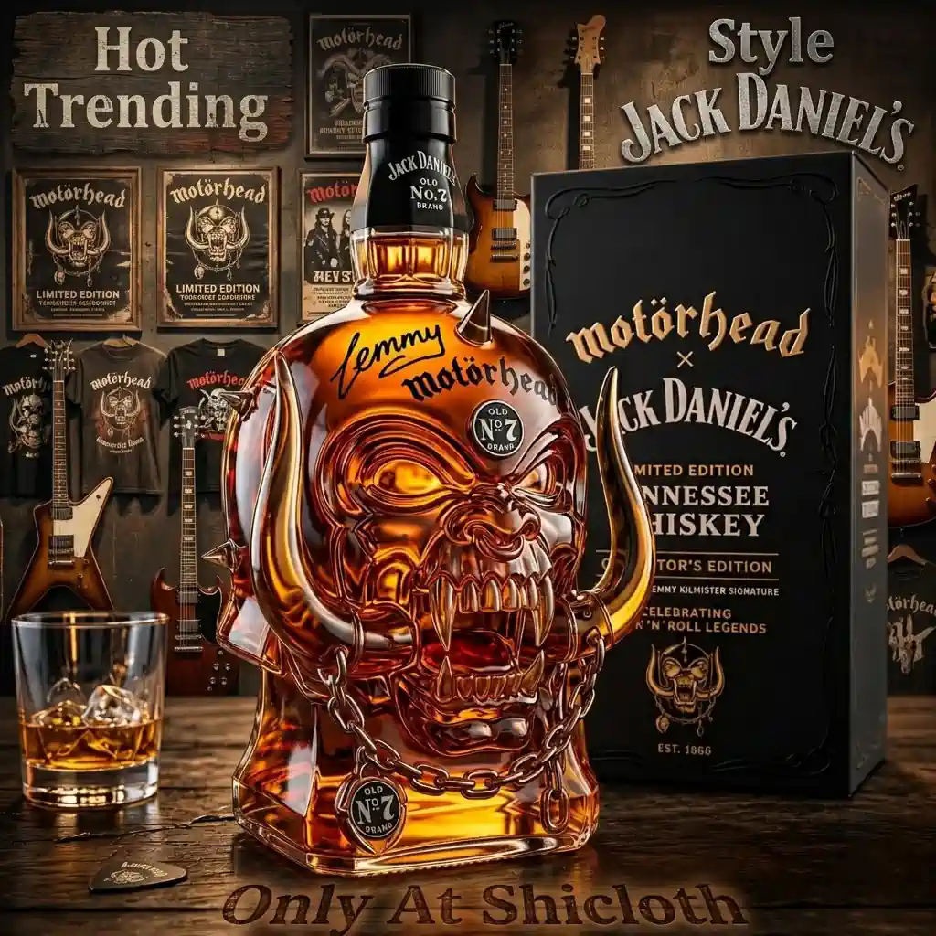 A Motorhead Jack Daniels bottle placed on a wooden surface with rock posters and electric guitars in the background!