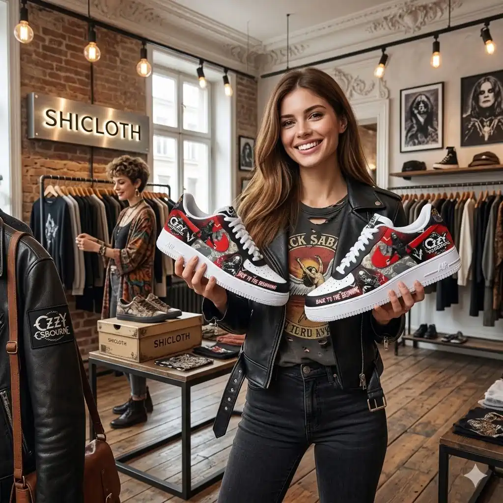 Woman holding a pair of rock style sneakers in a fashion store!