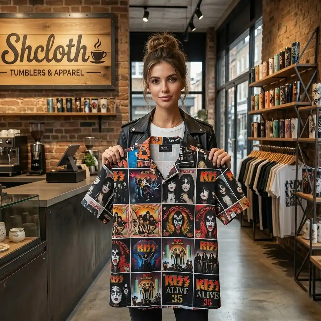 Woman holding up a KISS band themed button-down shirt in a boutique shop