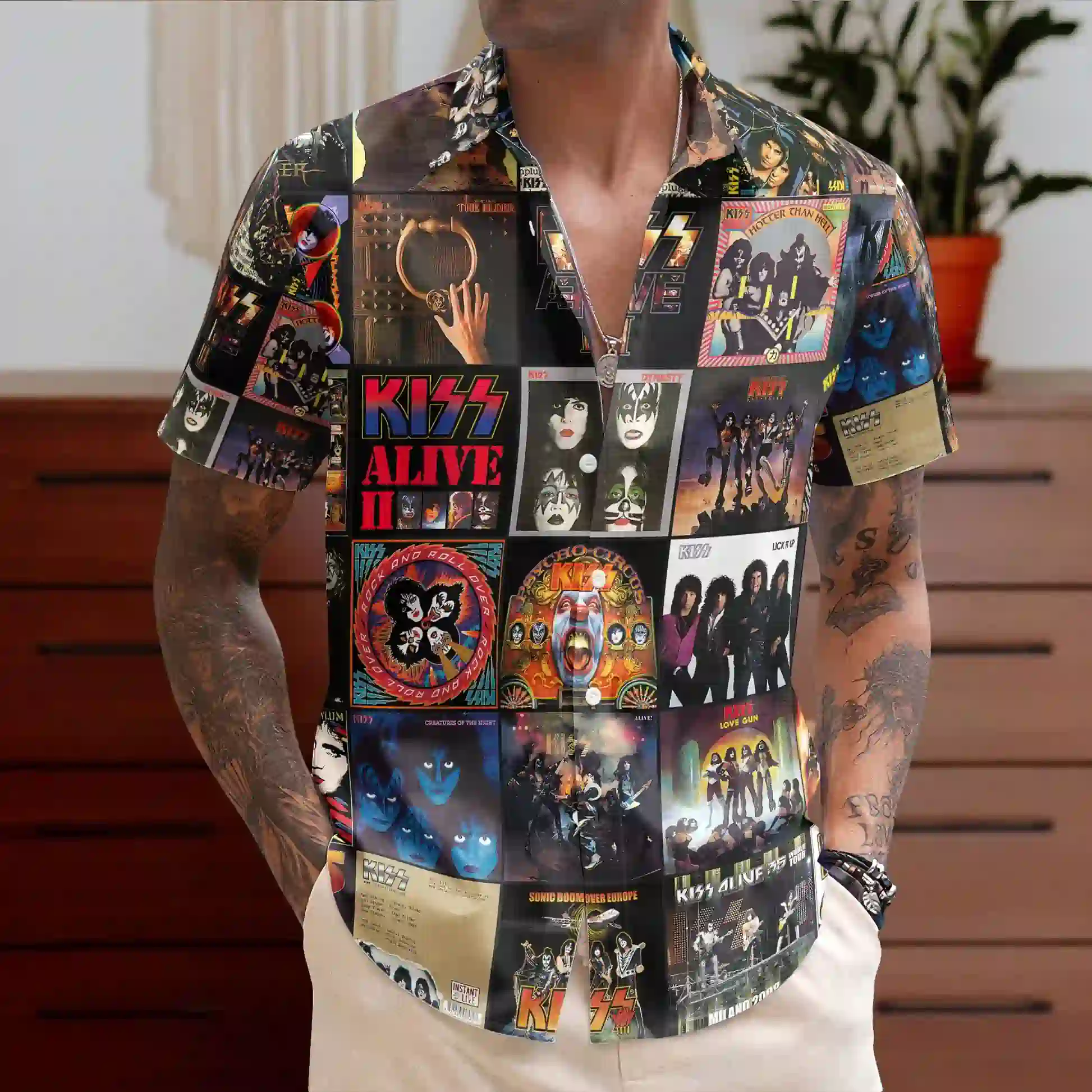 New Kiss Band Album Cover Collage Glam Rock Hawaiian Shirt 3 Man wearing a button-down shirt featuring a collage of vintage KISS album covers