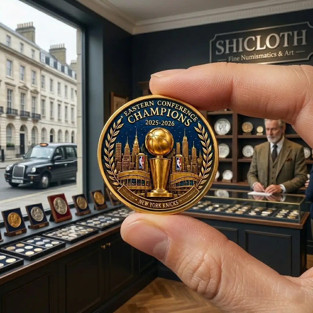 Close-up of a 2025-2026 New York Knicks Eastern Conference Champions commemorative coin held by hand in a numismatics store.