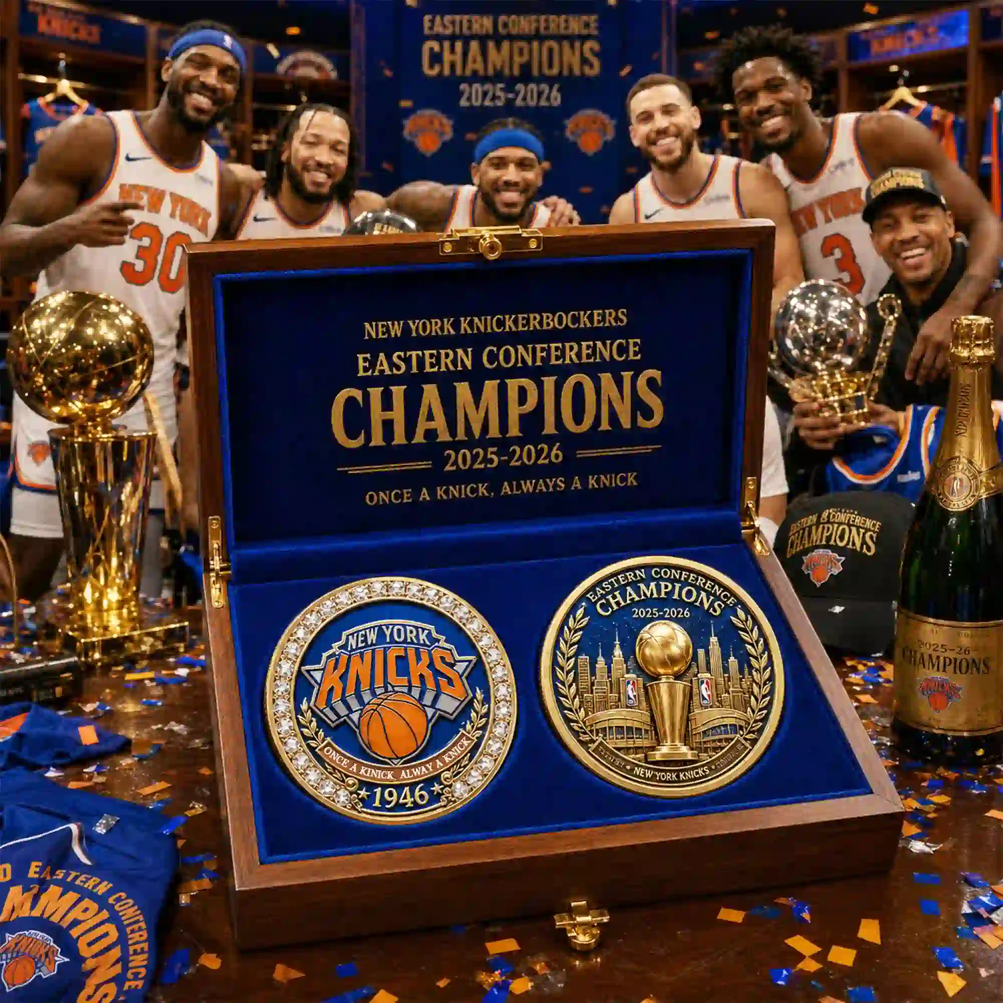 New York Knicks 2025-2026 Eastern Conference Champions celebration with commemorative memorabilia.