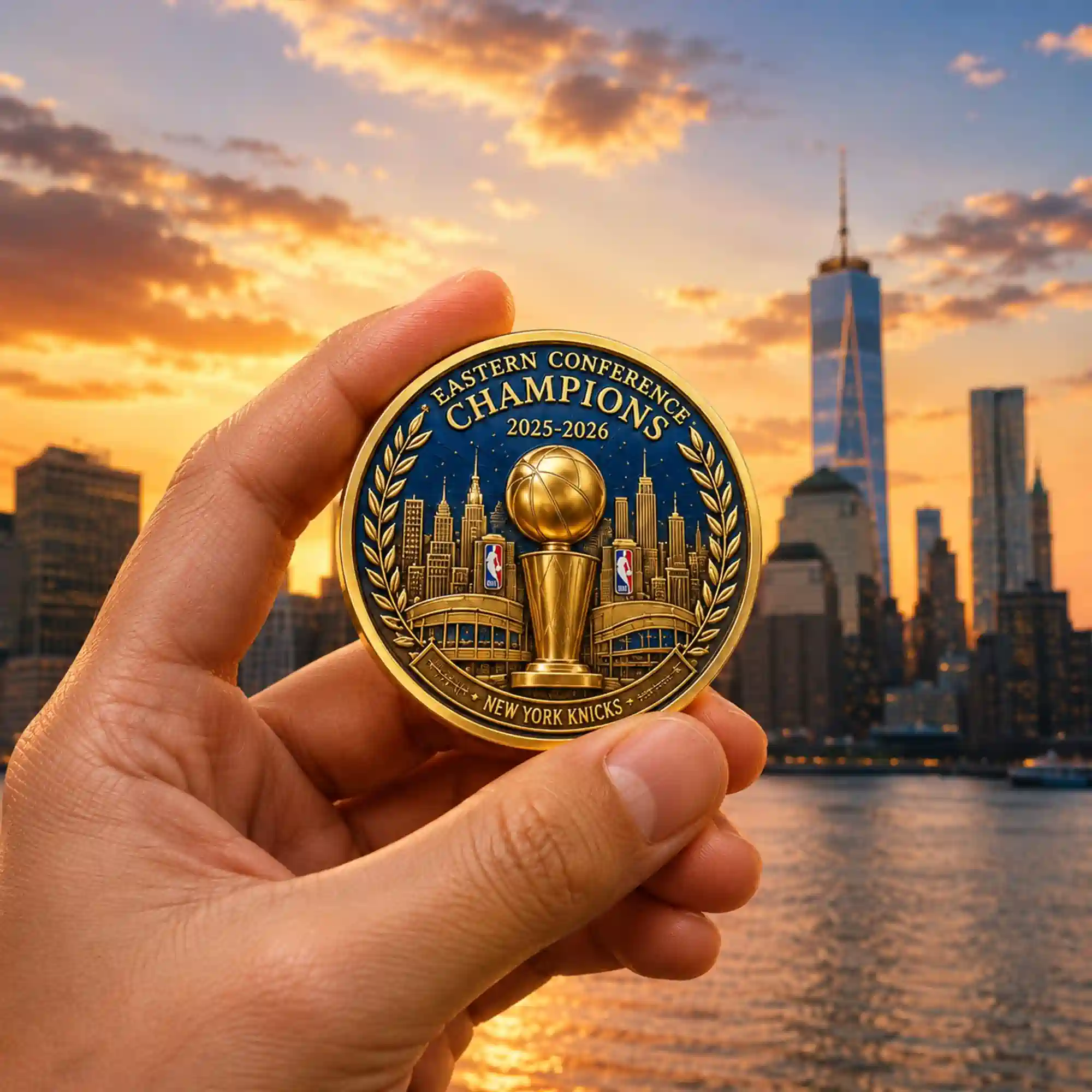 New York Knickerbockers Eastern Conference Champions 2025-2026 Coin 3 A person holding a commemorative 2025-2026 New York Knicks Eastern Conference Champions medal against a NYC skyline sunset.