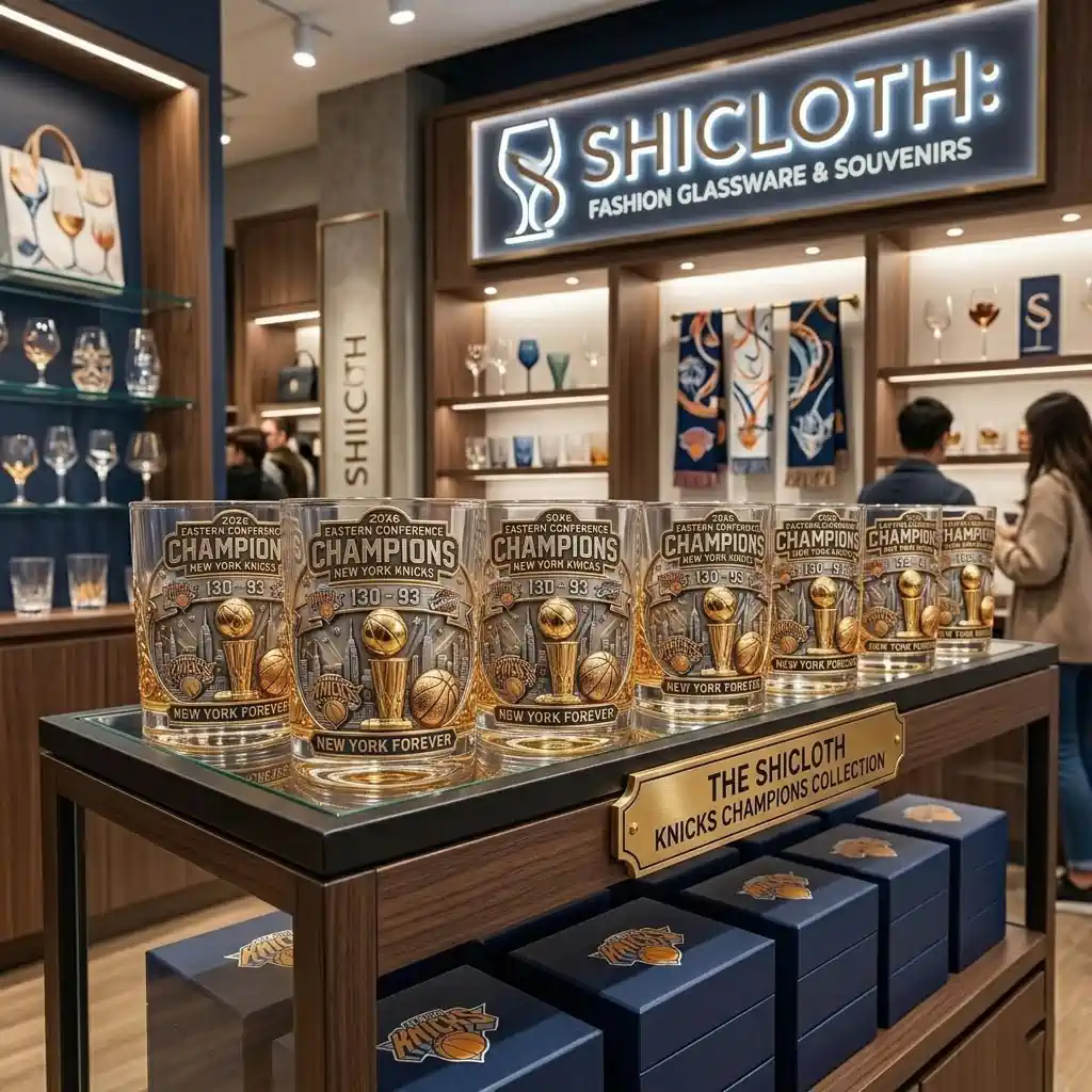 New York Knicks 2026 Eastern Conference Champions commemorative whiskey glasses on display in a retail store.