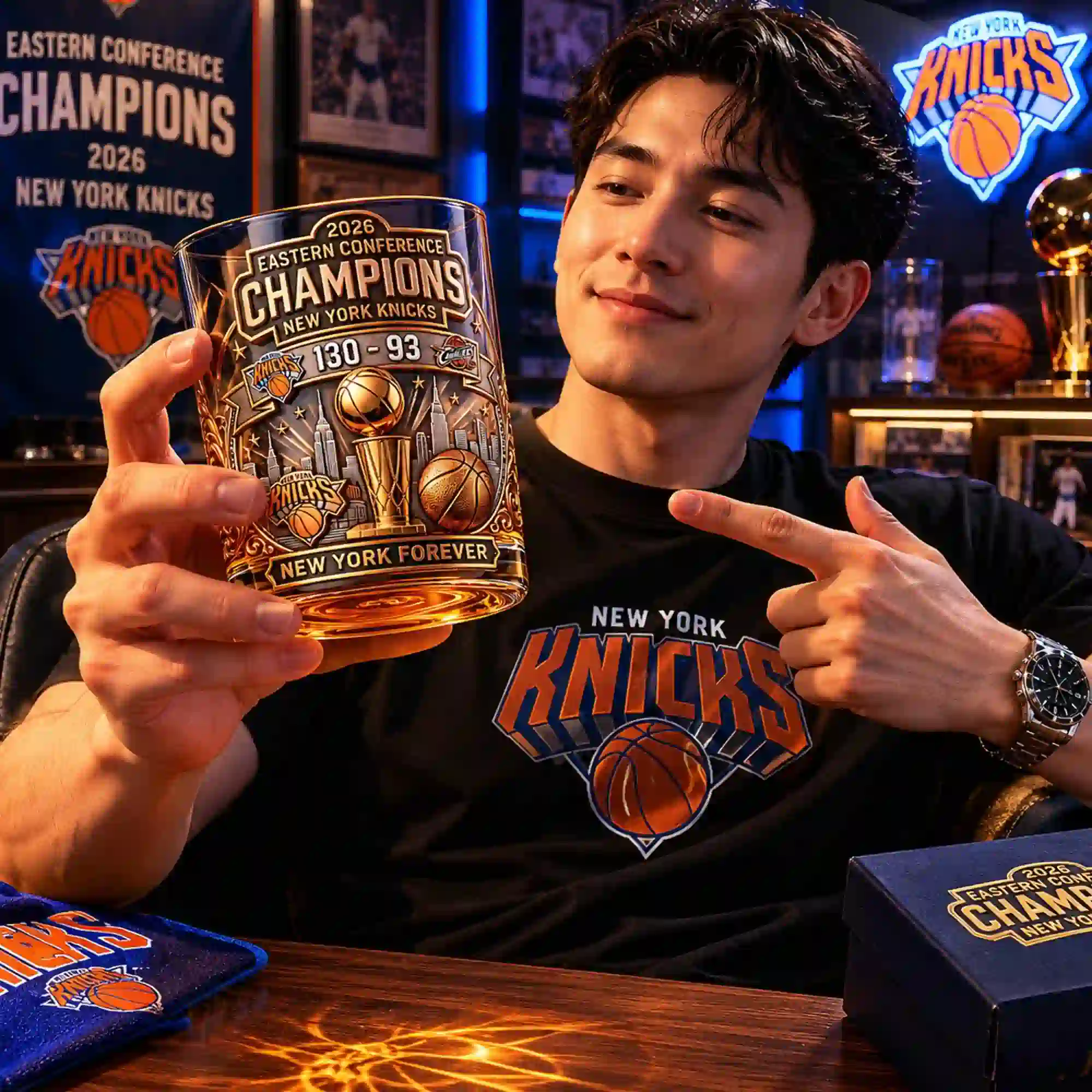 New York Knicks 2026 Eastern Conference Champions Whiskey Glass 3 A young man wearing a New York Knicks shirt holding a commemorative 2026 Eastern Conference Champions glass