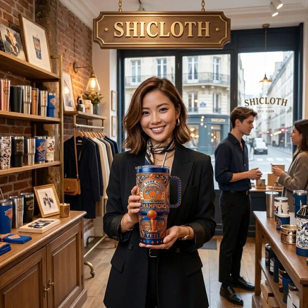 A woman holding a custom New York Knicks championship Yeti tumbler in a retail store.