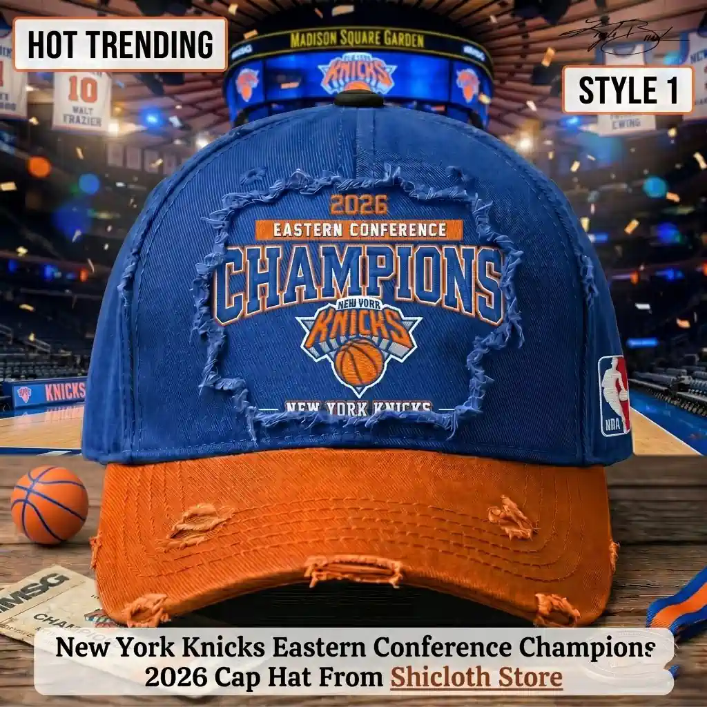 Blue and orange New York Knicks 2026 Eastern Conference Champions baseball hat