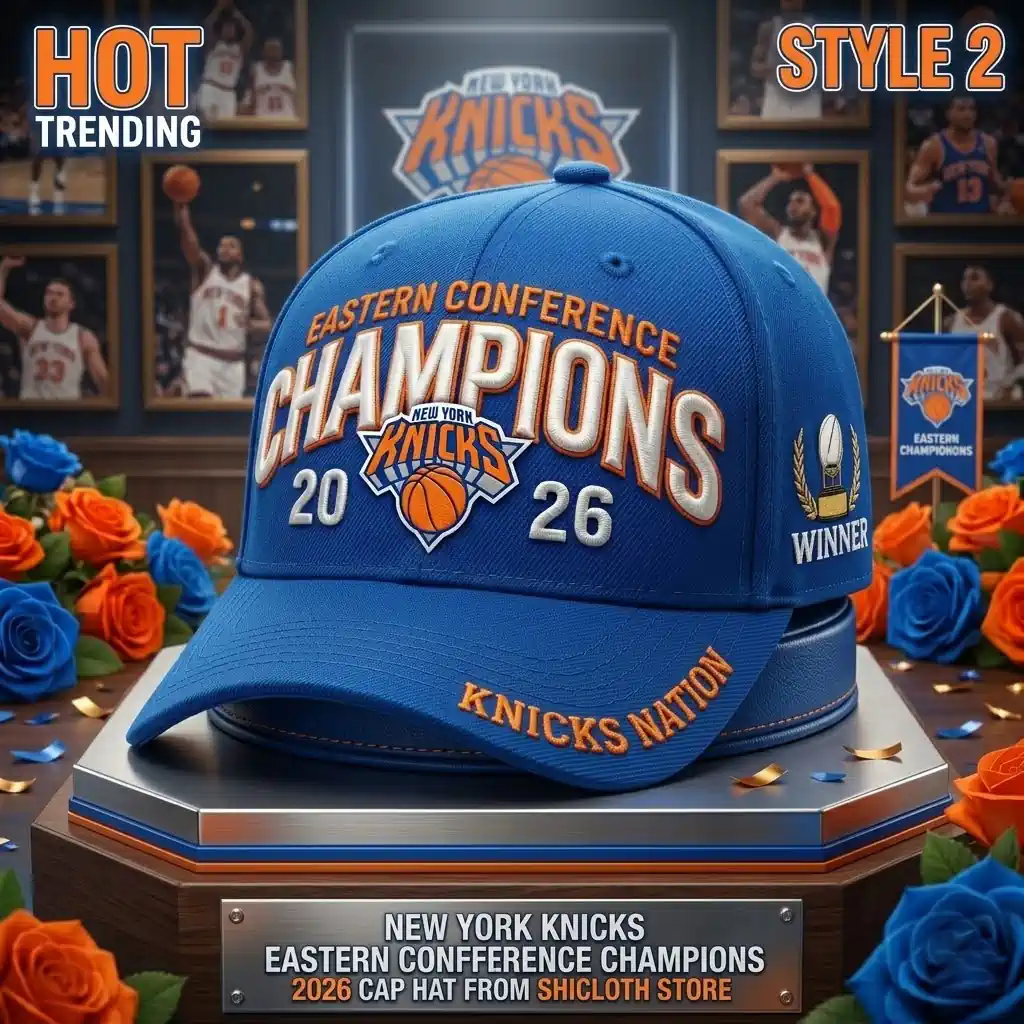 Blue New York Knicks 2026 Eastern Conference Champions cap on a trophy base.