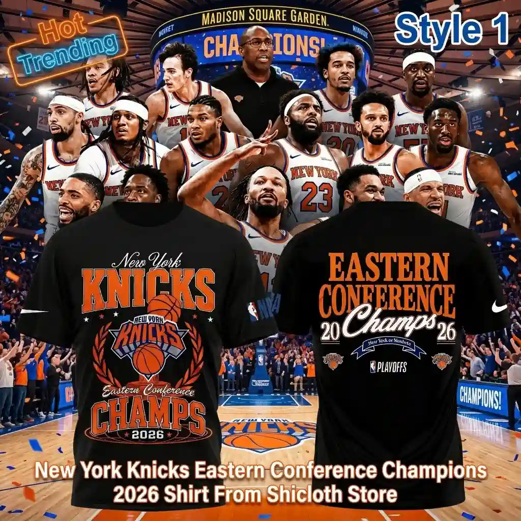 Front and back view of a black New York Knicks 2026 Eastern Conference Champions shirt