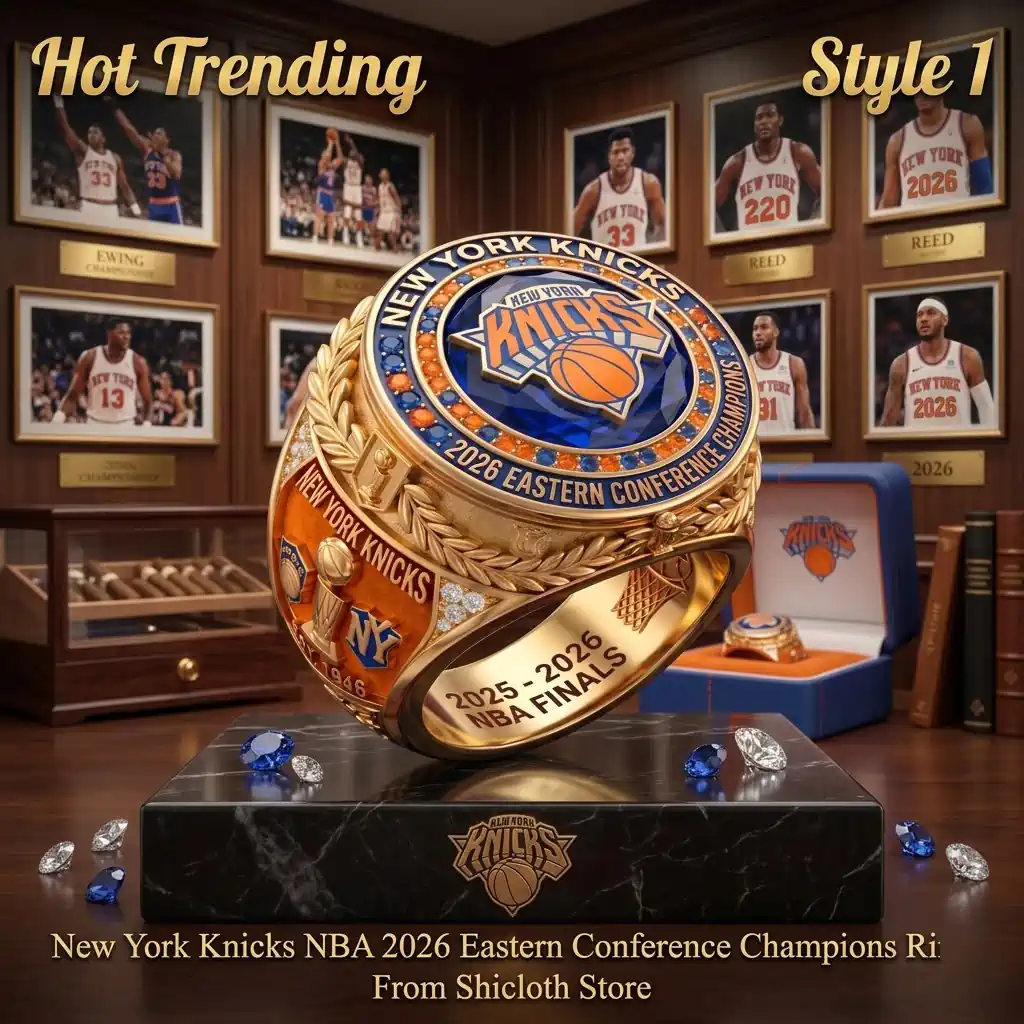 New York Knicks 2026 Eastern Conference Championship ring on display