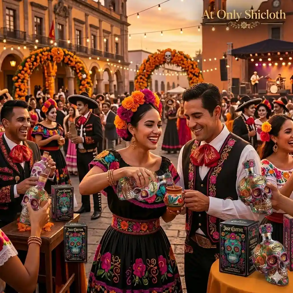 People celebrating Mexican festival with Jose Cuervo skull tequila bottles at Shicloth!