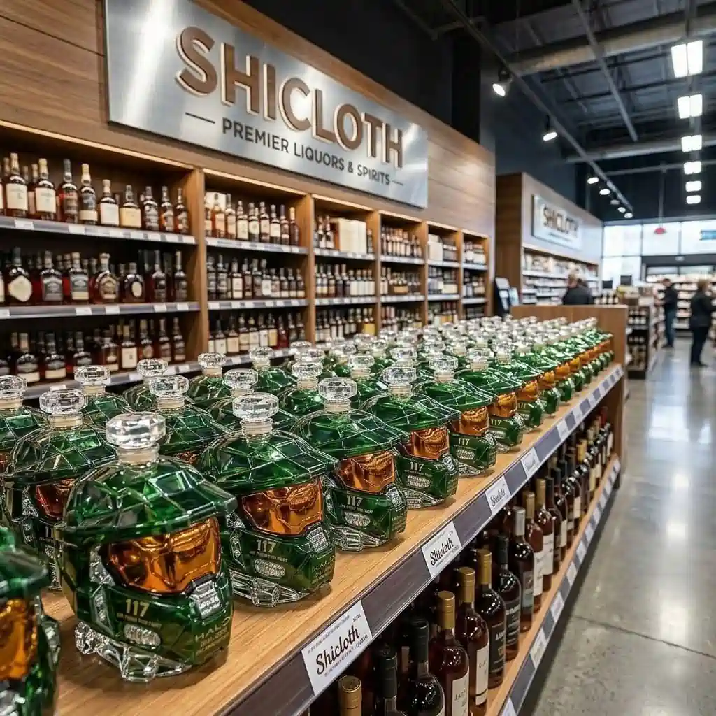 Halo 25th Anniversary 2001-2026 117 Sir, Finish This Fight 3D Bottle 5 Retail shelves filled with Master Chief helmet-shaped Halo liquor bottles at a Shicloth store.
