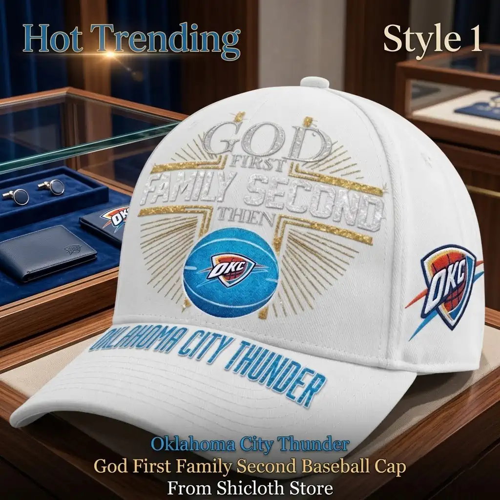 White Oklahoma City Thunder baseball cap with God First Family Second embroidery