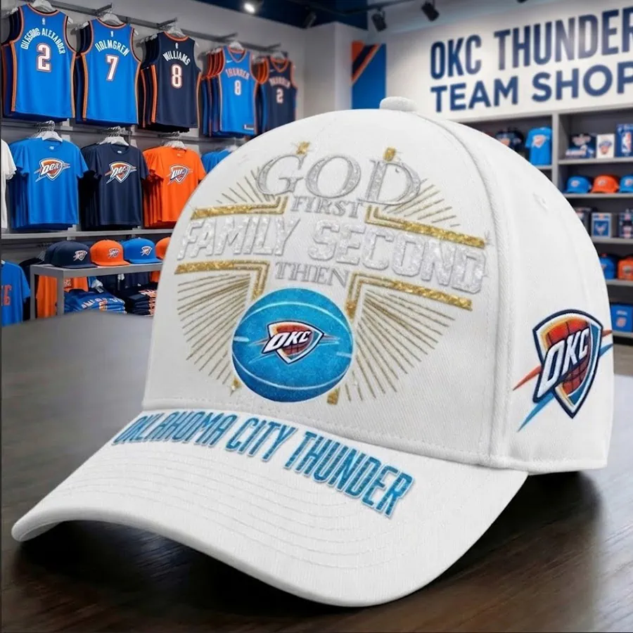 Oklahoma City Thunder God First Family Second Baseball Cap 4 White Oklahoma City Thunder hat featuring God First Family Second Then text and team logo.
