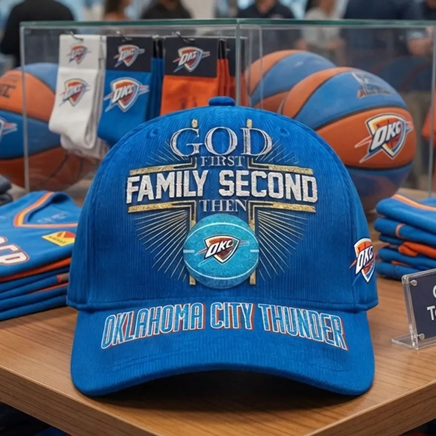 Oklahoma City Thunder God First Family Second Baseball Cap 5 Oklahoma City Thunder branded cap with God First Family Second messaging