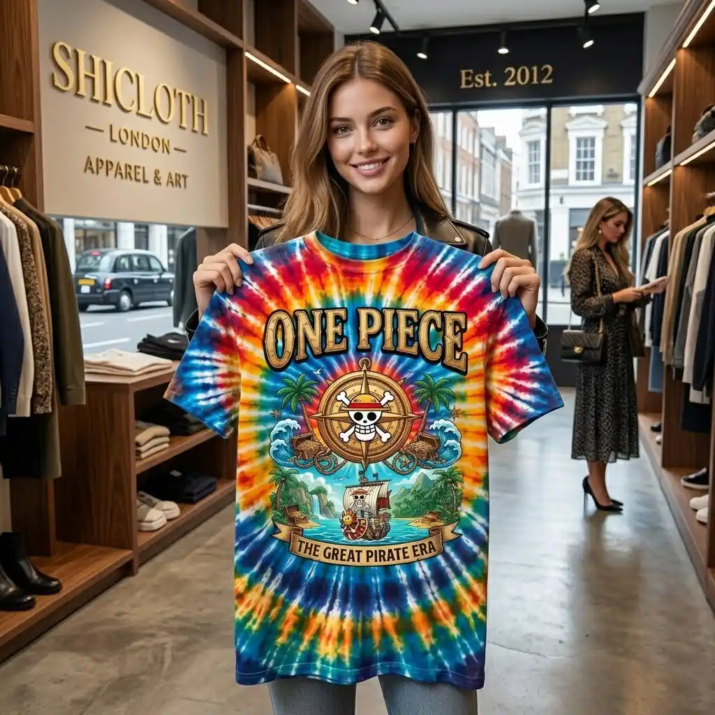 Woman holding a One Piece tie-dye shirt in a clothing store.