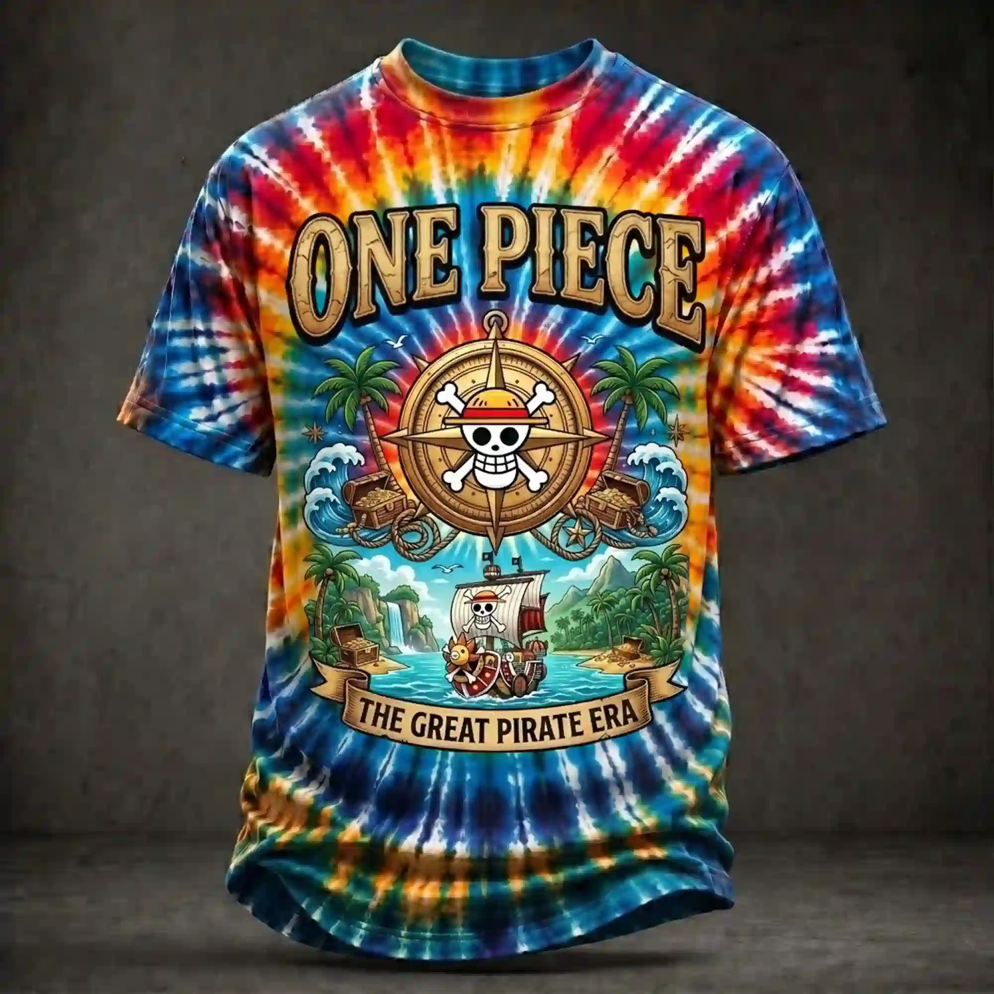 Colorful tie-dye One Piece anime graphic t-shirt featuring the Going Merry ship