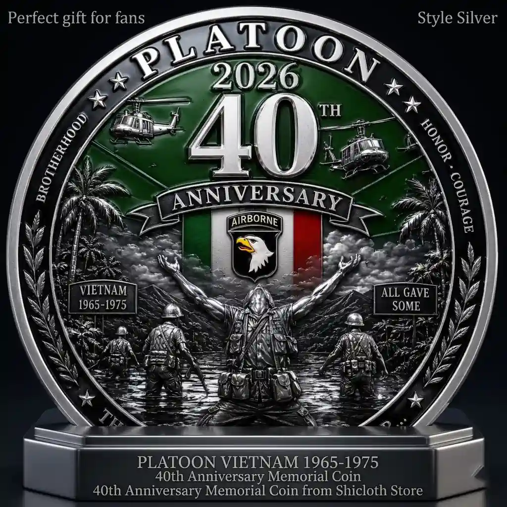 Silver Platoon Vietnam war memorial coin showing a soldier raising arms in a jungle river