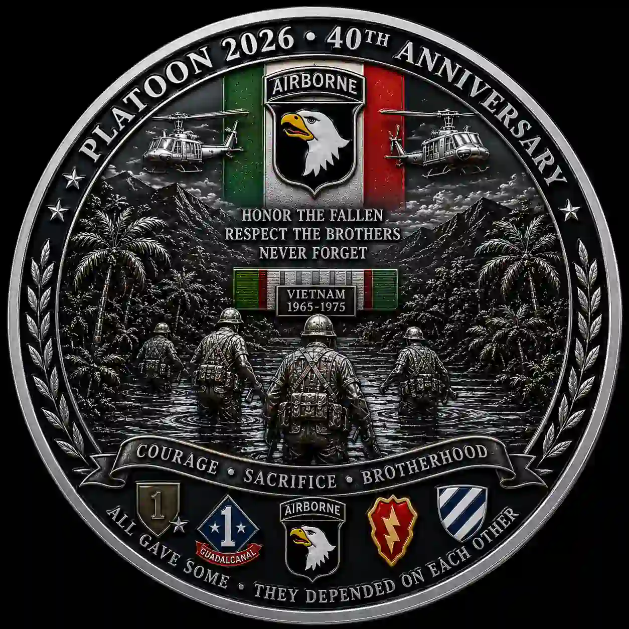 PLATOON VIETNAM 1965-1975 40th Anniversary Memorial Coin 4 Close up look at the front design of the gold Platoon Vietnam war memorial coin on a clean white background