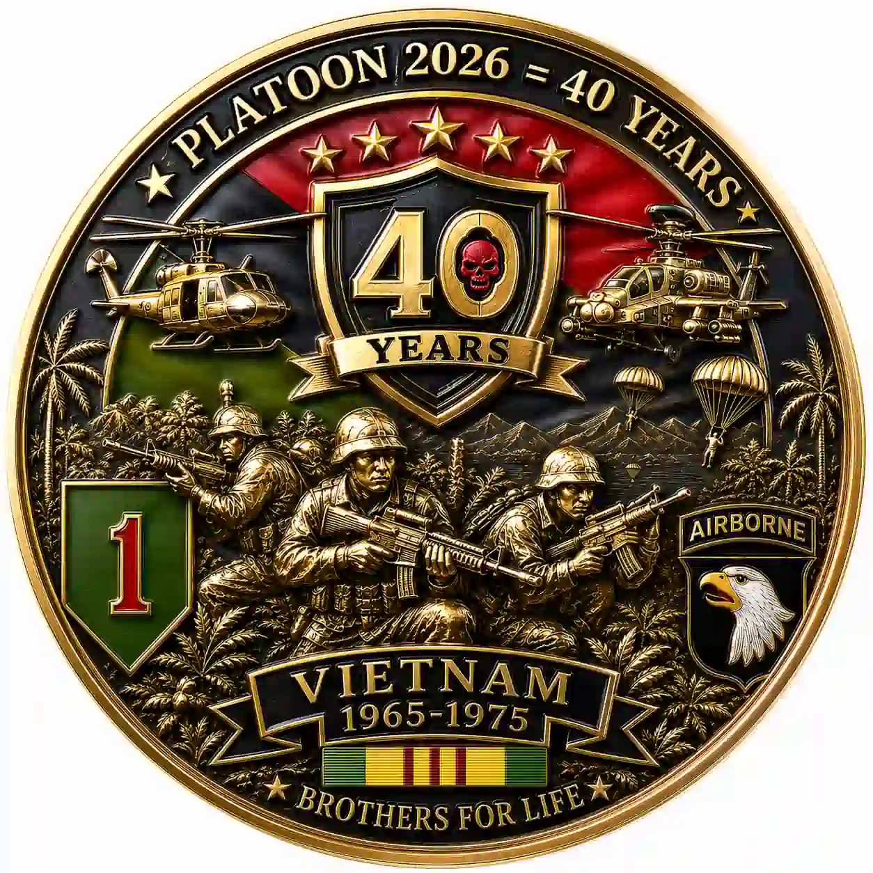 PLATOON VIETNAM 1965-1975 40th Anniversary Memorial Coin 5 Close up look at the back design of the gold Platoon Vietnam war memorial coin featuring combat boots and dog tags