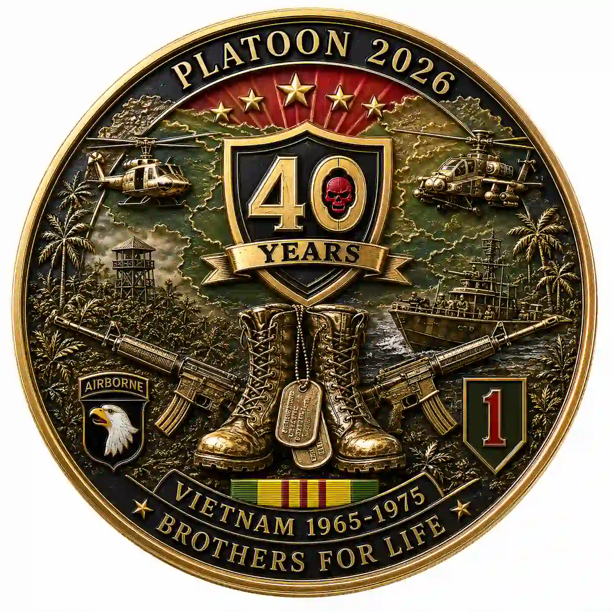 PLATOON VIETNAM 1965-1975 40th Anniversary Memorial Coin 6 Certified gold Platoon Vietnam war memorial coin in a protective plastic slab alongside a Royal Mint certificate box