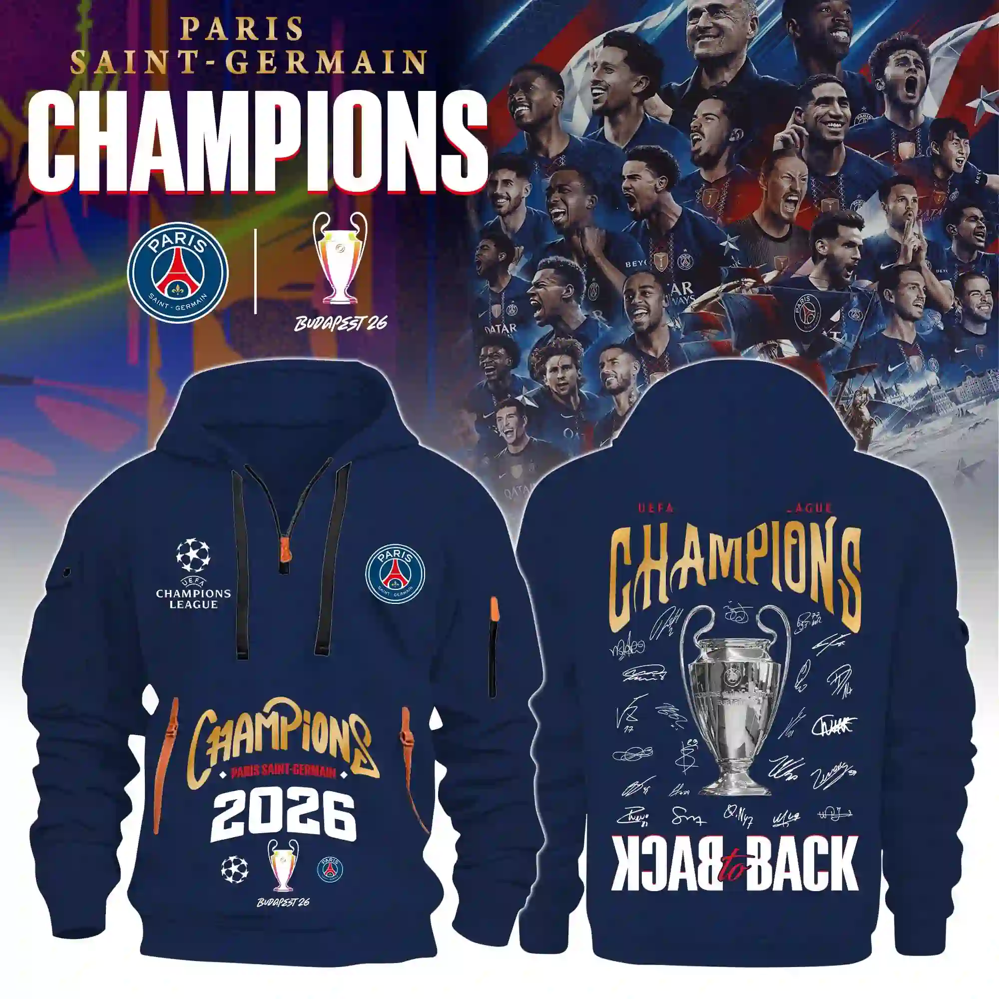 Paris Saint-Germain 2026 UEFA Champions League commemorative hoodie featuring team branding and trophy graphics.