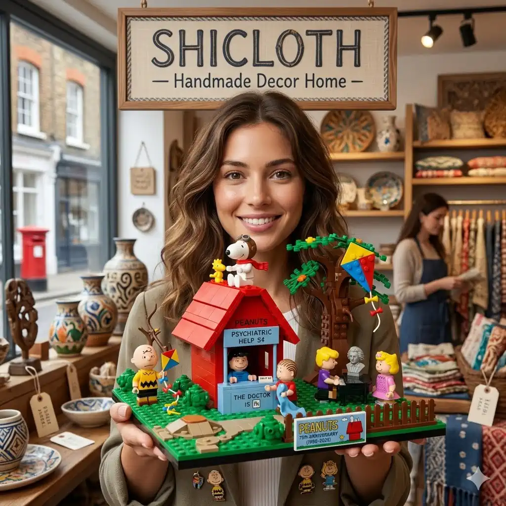 Woman holding Peanuts building brick set inside Shicloth handmade decor shop!
