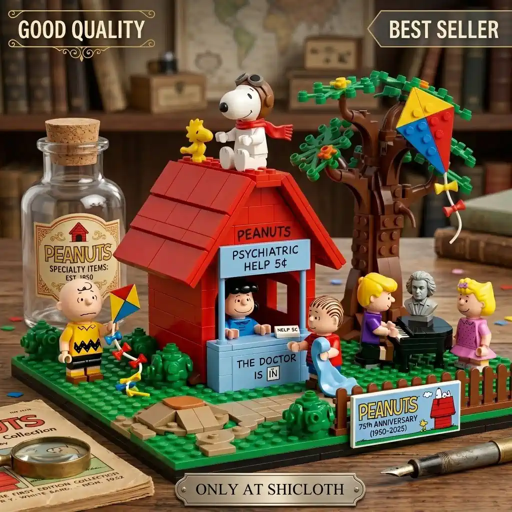 Peanuts anniversary building brick set displayed on a wooden table!