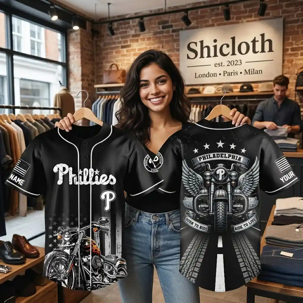 Woman holding two custom Phillies baseball jerseys with motorcycle graphics in a clothing store.