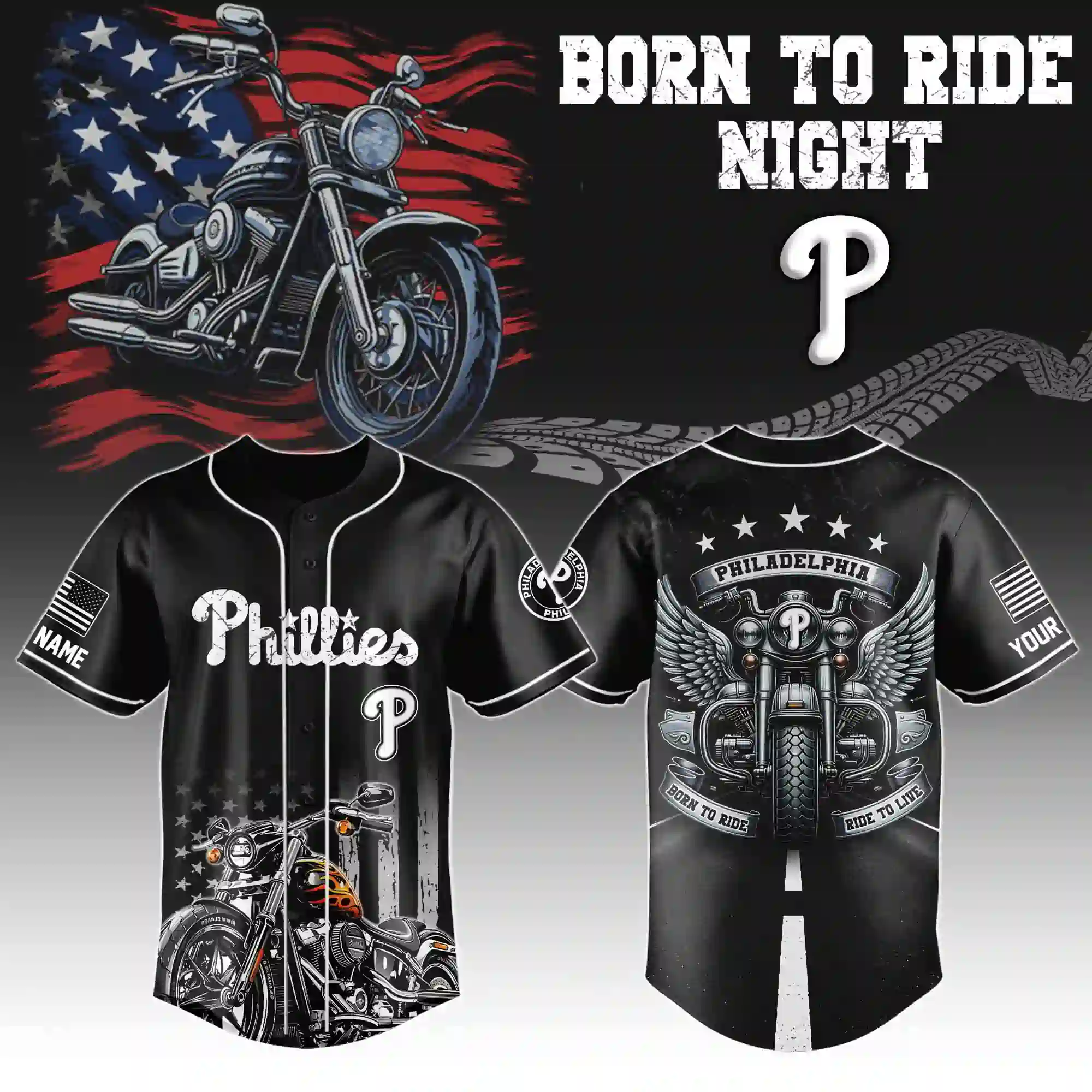 Philadelphia Phillies Baseball x Rider Special Edition 2026 Baseball Jersey 3 Philadelphia Phillies Born to Ride baseball jersey with motorcycle graphics