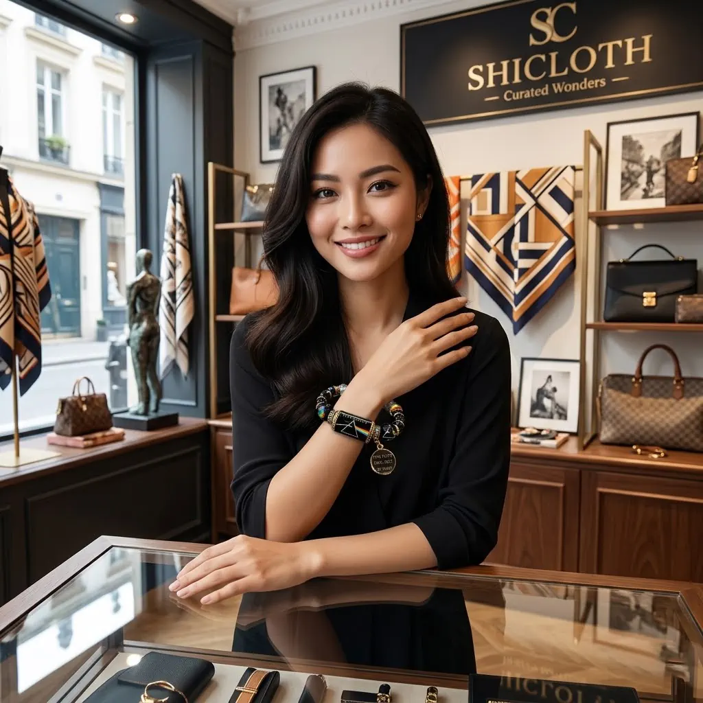 Model wearing Pink Floyd bracelet inside Shicloth store!