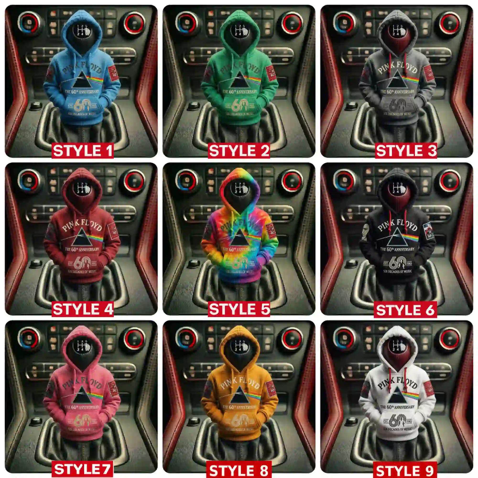Nine miniature Pink Floyd 60th anniversary hoodies displayed on a car gear shift knob.