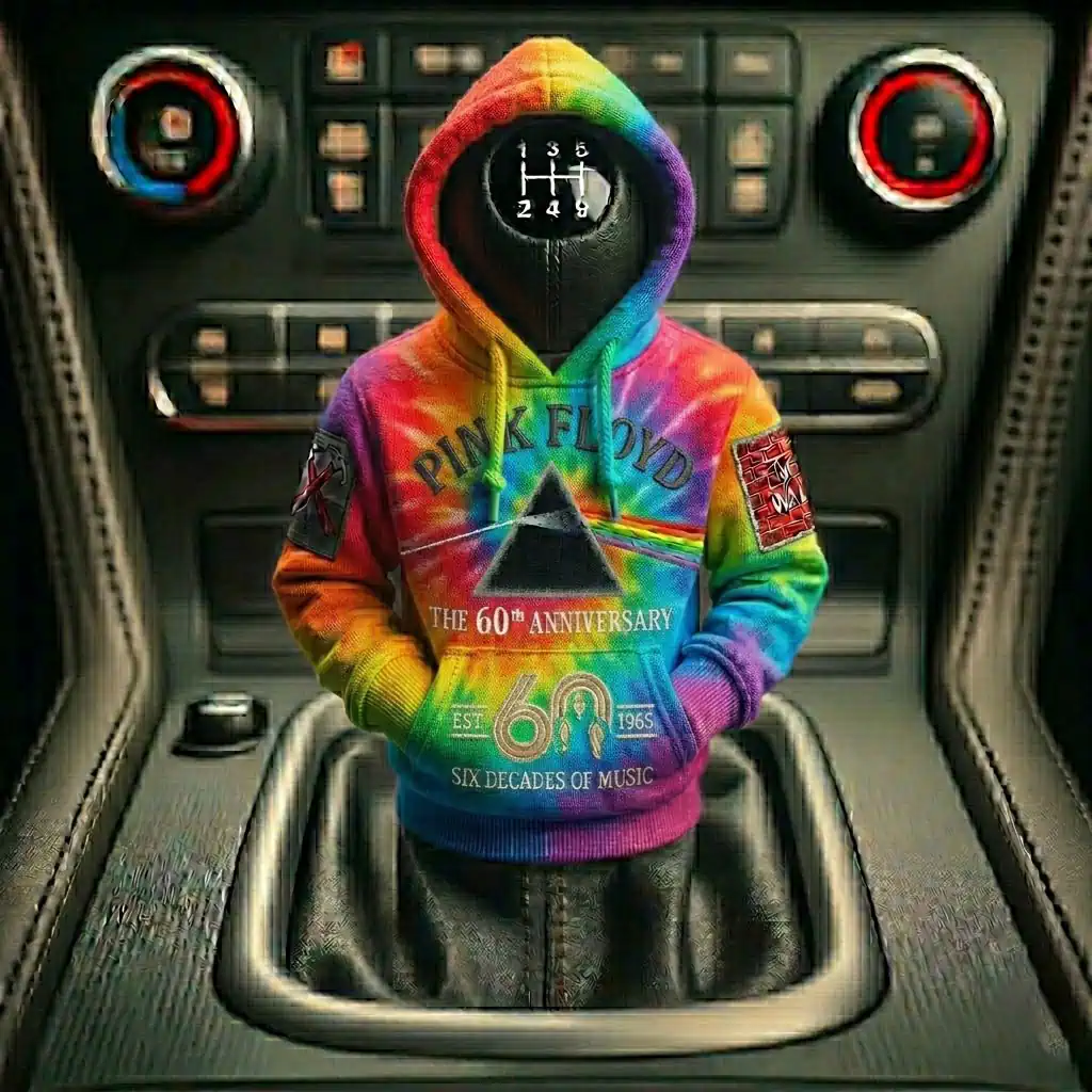 Pink Floyd tie-dye hoodie cover on a manual car gear shift