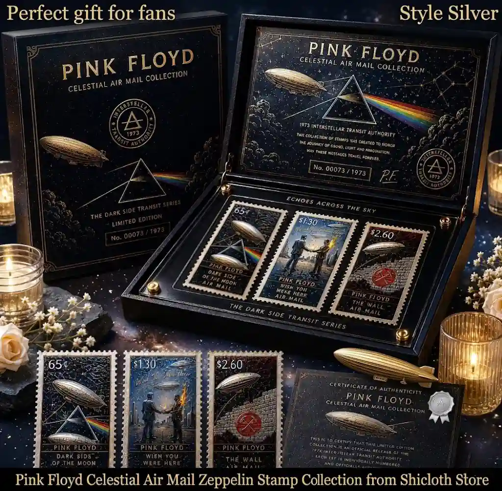 Pink Floyd Celestial Air Mail Zeppelin Stamp Collection in open black box and display with a certificate!