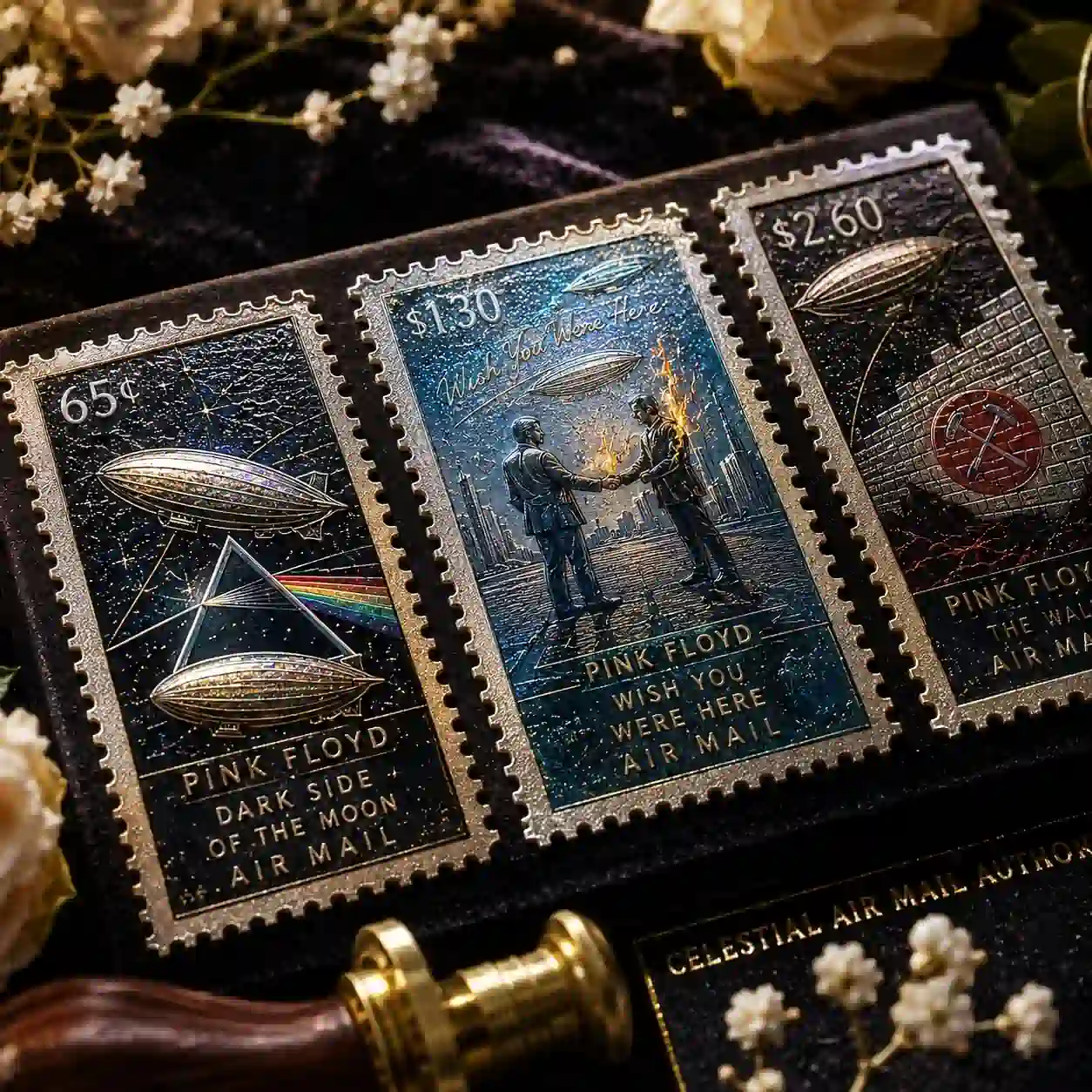 A close up shot of three unique Pink Floyd Celestial Air Mail postage stamps and a gold seal!