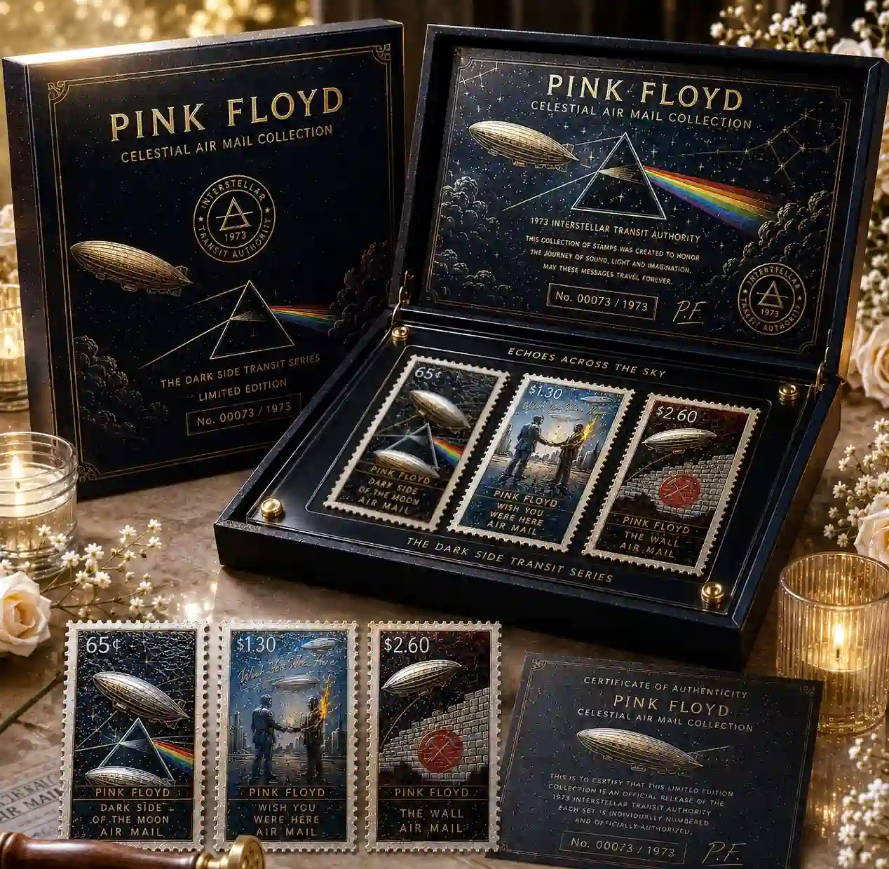 Pink Floyd Celestial Air Mail Zeppelin Stamp Collection 3 A full display of the Pink Floyd Celestial Air Mail Zeppelin Stamp Collection from Shicloth!