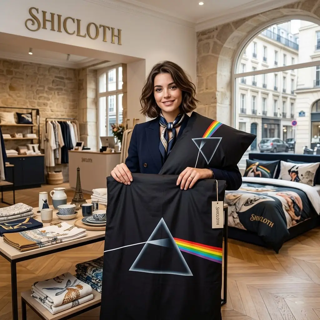 A smiling woman in a blue blazer and scarf presents a folded black duvet cover featuring the Pink Floyd prism logo, holding it with both hands in a boutique interior. A matching pillowcase and a whole made up bed with the same design are visible in the background. The store name Shicloth is on a large gold sign and a price tag.
