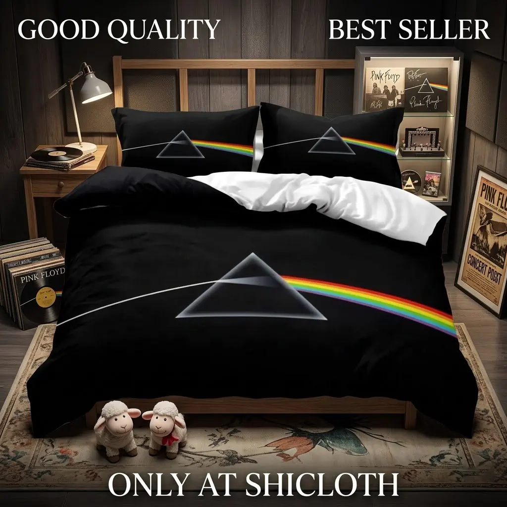 A well-made bed in a wood-paneled room is covered by a black duvet set with the iconic Pink Floyd prism and rainbow. Numerous vinyl records, posters, a small stage model, and two white sheep figurines are displayed on and around the bed. Large text reads GOOD QUALITY, BEST SELLER, and ONLY AT SHICLOTH.