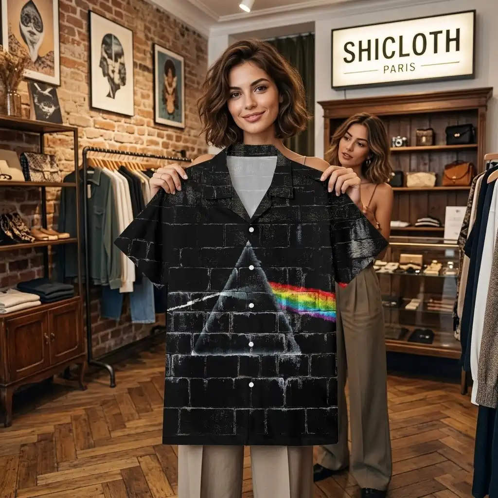 A woman in a boutique holding a Pink Floyd Hawaiian shirt featuring a prism and brick wall design.